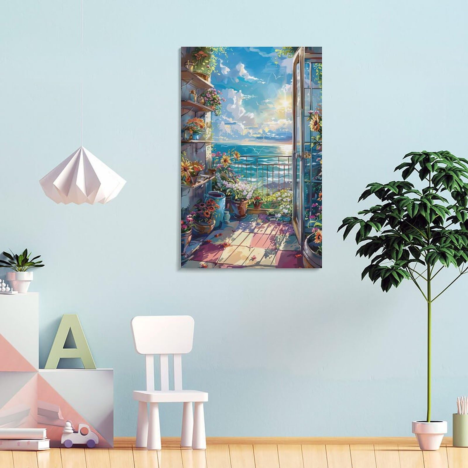 Amazon.co.jp: 絵画 部屋には花があり、ドアの外にはビーチの景色が